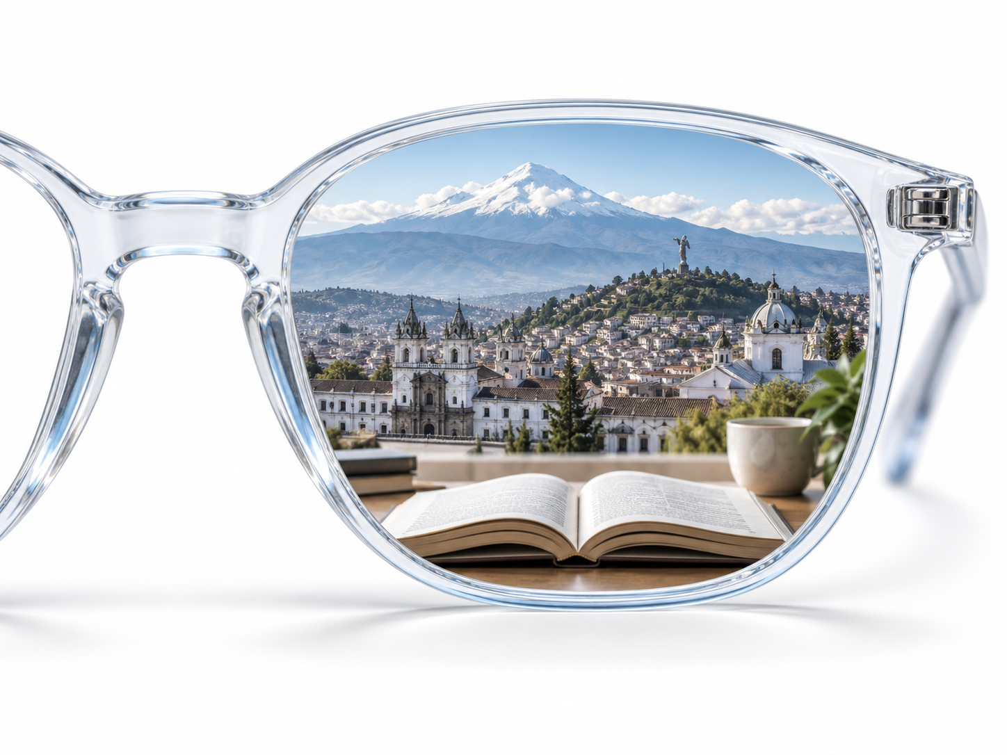 Lente progresivo con paisaje lejano, ciudad y libro como ilustración de distintas distancias